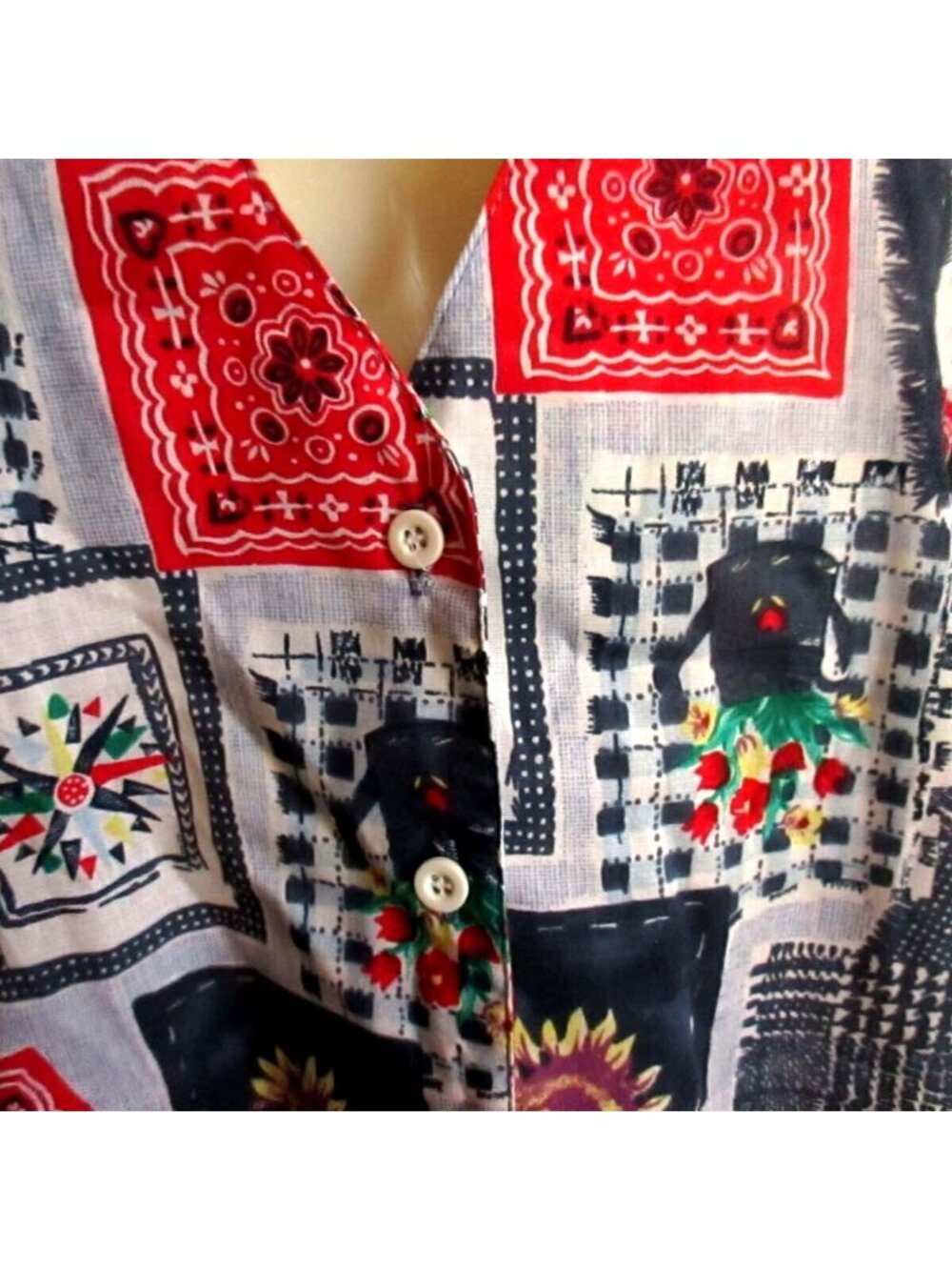 True Vintage Large Top Cactus Flower Sleeveless Button-Up Blouse Patchwork NOS